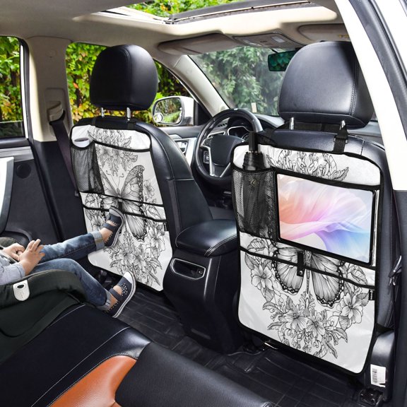 Iauyy 2-in-1 Car Kick Mats Back Seat Protector, 6 Large Storage Pockets , Universal Car Seat Back Protectors Kick for SUV & Sedan 25x18in,Butterfly Line Drawing Design