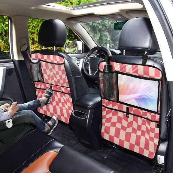 Iauyy 2-in-1 Car Kick Mats Back Seat Protector, 6 Large Storage Pockets , Universal Car Seat Back Protectors Kick for SUV & Sedan 25x18in,Checkered Pattern