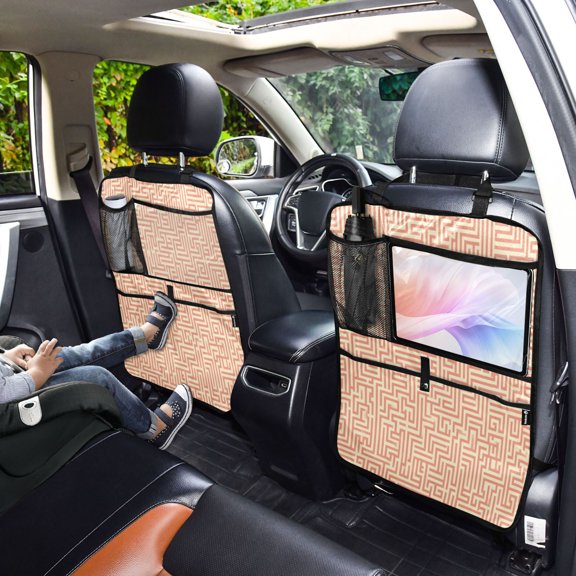 Iauyy 2-in-1 Car Kick Mats Back Seat Protector, 6 Large Storage Pockets , Universal Car Seat Back Protectors Kick for SUV & Sedan 25x18in,Cream Colored Pattern