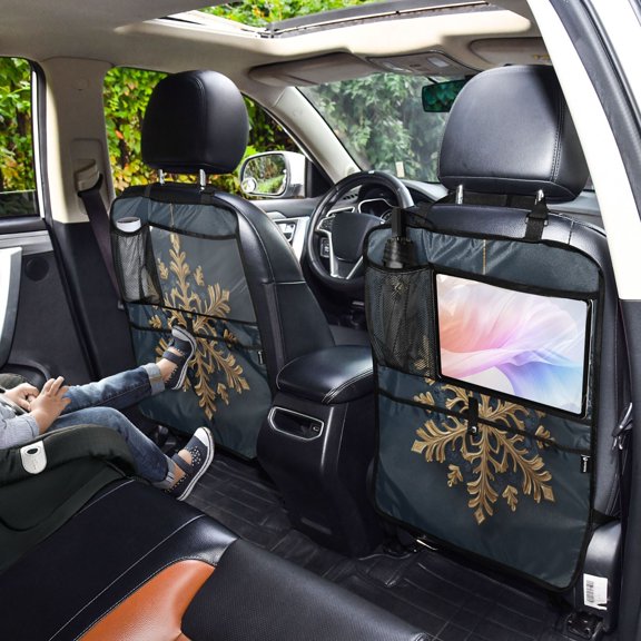 Iauyy 2-in-1 Car Kick Mats Back Seat Protector, 6 Large Storage Pockets , Universal Car Seat Back Protectors Kick for SUV & Sedan 25x18in,Golden Snowflakes