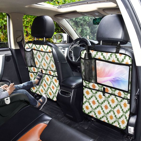 Iauyy 2-in-1 Car Kick Mats Back Seat Protector, 6 Large Storage Pockets , Universal Car Seat Back Protectors Kick for SUV & Sedan 25x18in,Green Checkered Pattern