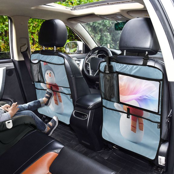 Iauyy 2-in-1 Car Kick Mats Back Seat Protector, 6 Large Storage Pockets , Universal Car Seat Back Protectors Kick for SUV & Sedan 25x18in,Happy Snowman
