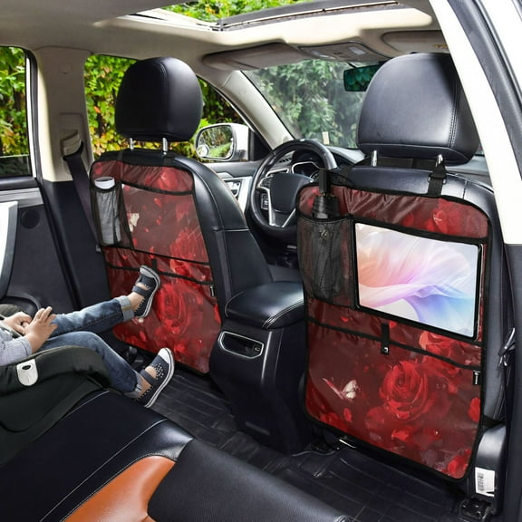 Iauyy 2-in-1 Car Kick Mats Back Seat Protector, 6 Large Storage Pockets , Universal Car Seat Back Protectors Kick for SUV & Sedan 25x18in,Red Petals Are Flying in The Air