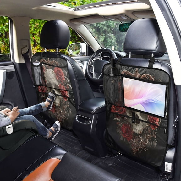 Iauyy 2-in-1 Car Kick Mats Back Seat Protector, 6 Large Storage Pockets , Universal Car Seat Back Protectors Kick for SUV & Sedan 25x18in,Red Roses and Thorns