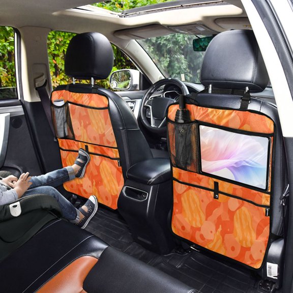 Iauyy 2-in-1 Car Kick Mats Back Seat Protector, 6 Large Storage Pockets , Universal Car Seat Back Protectors Kick for SUV & Sedan 25x18in,Seamless Pattern in Orange