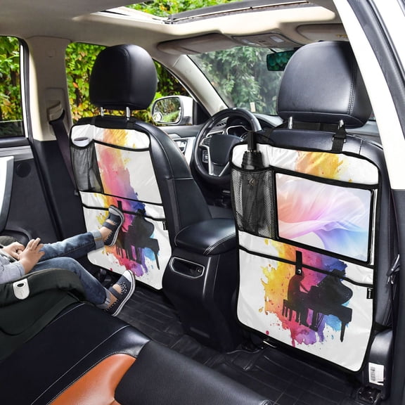 Iauyy 2-in-1 Car Kick Mats Back Seat Protector, 6 Large Storage Pockets , Universal Car Seat Back Protectors Kick for SUV & Sedan 25x18in,Silhouette Of A Black Piano