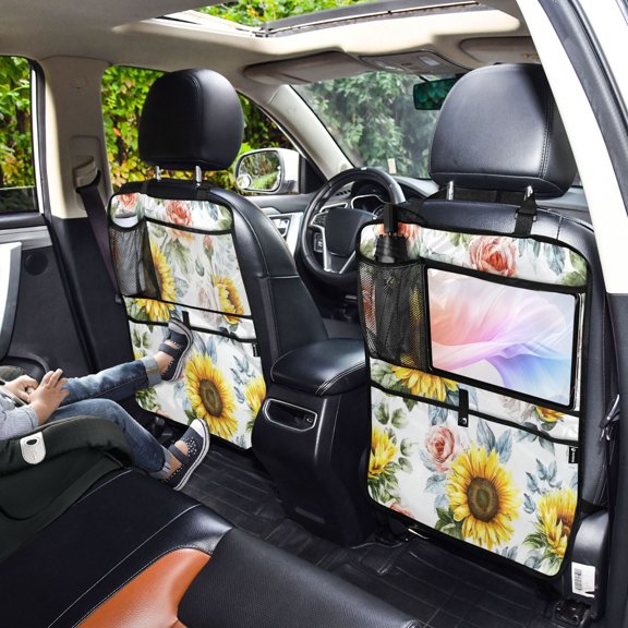 Iauyy 2-in-1 Car Kick Mats Back Seat Protector, 6 Large Storage Pockets , Universal Car Seat Back Protectors Kick for SUV & Sedan 25x18in,Sunflowers and Roses