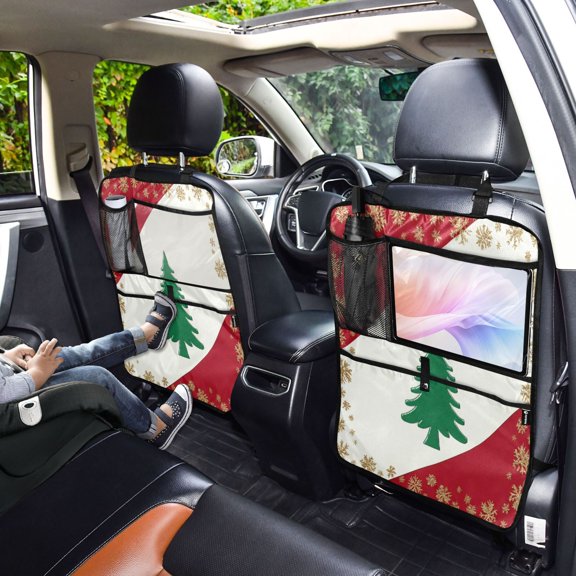 Iauyy 2-in-1 Car Kick Mats Back Seat Protector, 6 Large Storage Pockets , Universal Car Seat Back Protectors Kick for SUV & Sedan 25x18in,The Green Christmas Tree Icon