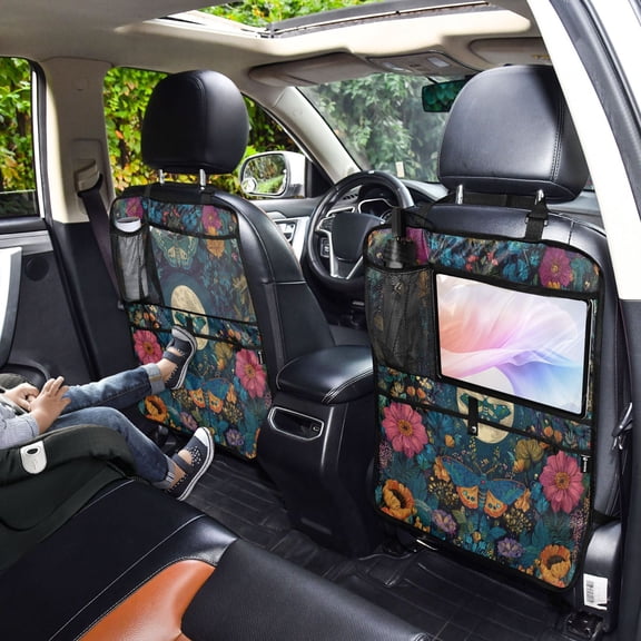 Iauyy 2-in-1 Car Kick Mats Back Seat Protector, 6 Large Storage Pockets , Universal Car Seat Back Protectors Kick for SUV & Sedan 25x18in,The Huge Moon