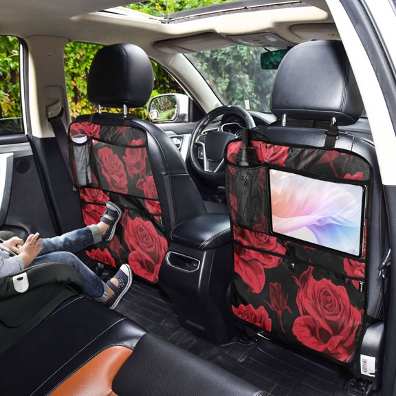 Iauyy 2-in-1 Car Kick Mats Back Seat Protector, 6 Large Storage Pockets , Universal Car Seat Back Protectors Kick for SUV & Sedan 25x18in,The Perfect Red Rose Pattern