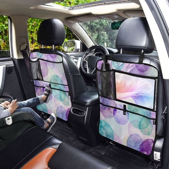 Iauyy 2-in-1 Car Kick Mats Back Seat Protector, 6 Large Storage Pockets , Universal Car Seat Back Protectors Kick for SUV & Sedan 25x18in,Urple and Teal-colored Circles