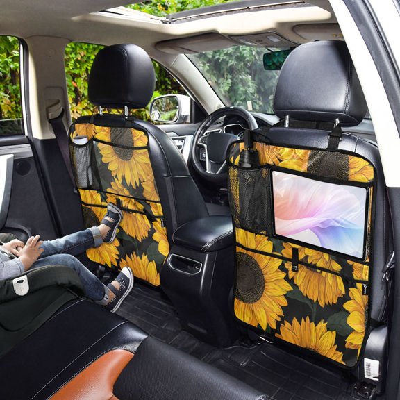 Iauyy 2-in-1 Car Kick Mats Back Seat Protector, 6 Large Storage Pockets , Universal Car Seat Back Protectors Kick for SUV & Sedan 25x18in,Yellow Sunflower