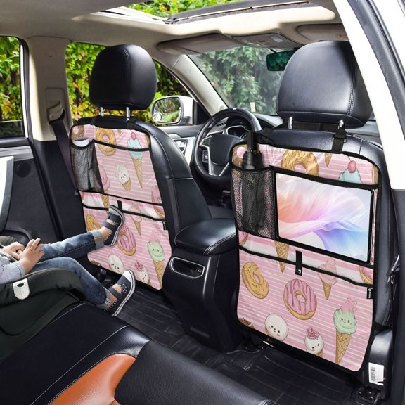 Iauyy 2-in-1 Car Kick Mats Back Seat Protector, 6 Large Storage Pockets , Universal Car Seat Back Protectors Kick for SUV & Sedan 25x18in,Ice Cream