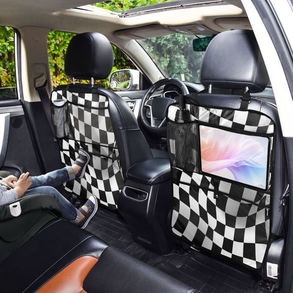 Iauyy 2-in-1 Car Kick Mats Back Seat Protector, 6 Large Storage Pockets , Universal Car Seat Back Protectors Kick for SUV & Sedan 25x18in,Racing Flag