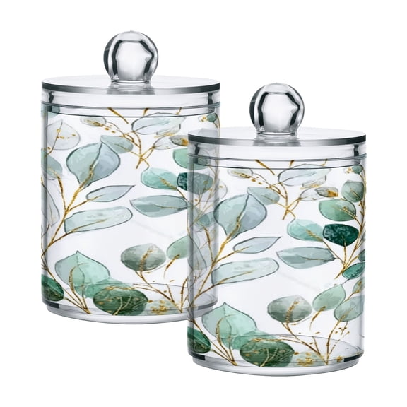 Iauyy 2 pack Transparent Floss Storage Container - Sealed Cotton Pad Can with PS Plastic Lid Dust-Proof for Bathroom Dressing Table,Eucalyptus Leaves and Branches