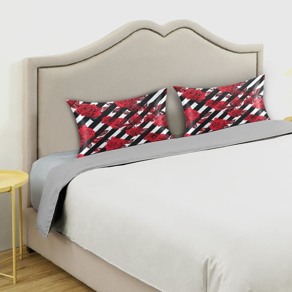Iauyy 20x26in Silk-Smooth Satin Pillowcase, Gentle on Hair and Skin, Luxuriously Soft Pillowcase with Envelope Closure, Wrinkle Fade Striped Red Roses