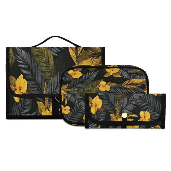Iauyy 3 Piece Large Portable Hanging Toiletry Bags for Travel,Foldable Makeup Organizer with Multiple Compartments for Men&Women，Black Tropical Leaves