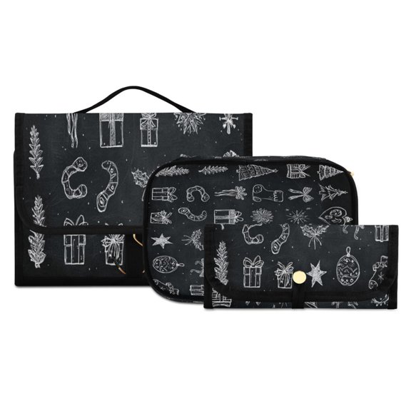 Iauyy 3 Piece Large Portable Hanging Toiletry Bags for Travel,Foldable Makeup Organizer with Multiple Compartments for Men&Women，Christmas Symbols on The Blackboard