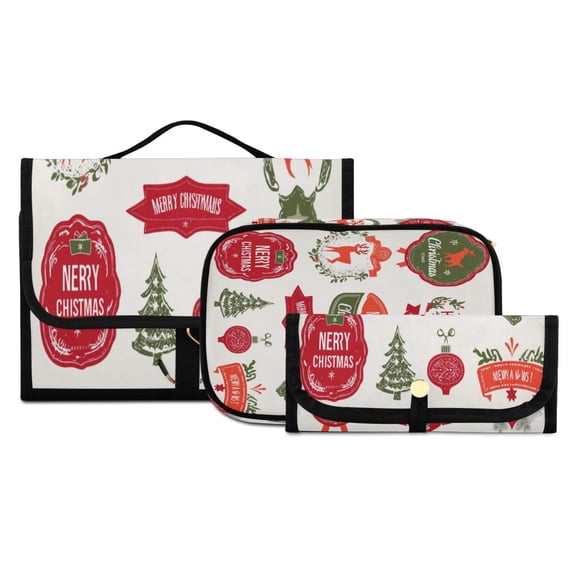 Iauyy 3 Piece Large Portable Hanging Toiletry Bags for Travel,Foldable Makeup Organizer with Multiple Compartments for Men&Women，New Year Retro Label Set