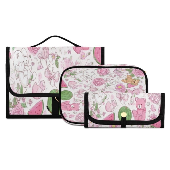 Iauyy 3 Piece Large Portable Hanging Toiletry Bags for Travel,Foldable Makeup Organizer with Multiple Compartments for Men&Women,Roses and Teddy Bears