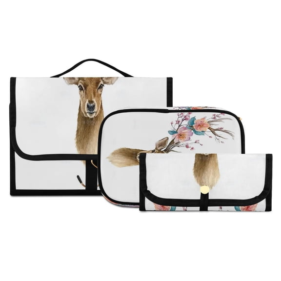 Iauyy 3 Piece Large Portable Hanging Toiletry Bags for Travel,Foldable Makeup Organizer with Multiple Compartments for Men&Women，Antler Watercolor-a