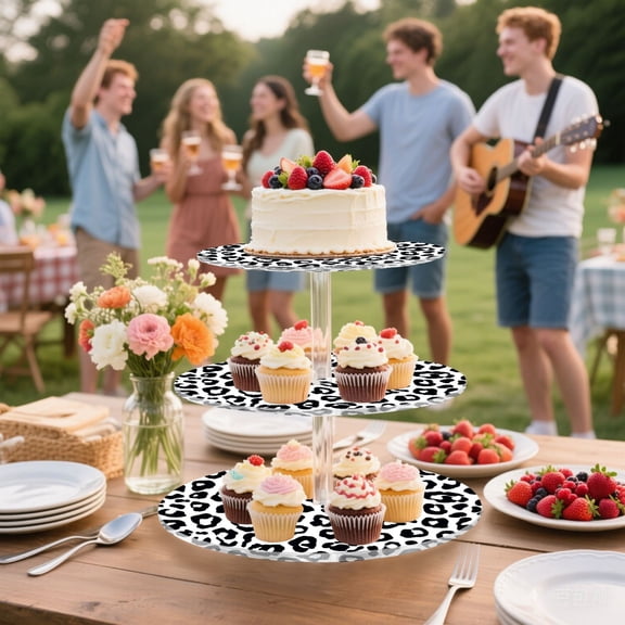 Iauyy 3 Tier Acrylic Cake Stand -DIY Design Wedding Dessert Display Tower for 34 Cupcakes for Birthday Party Gathering Festival, An Black and White Style