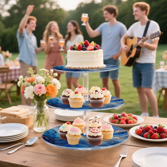 Iauyy 3 Tier Acrylic Cake Stand -DIY Design Wedding Dessert Display Tower for 34 Cupcakes for Birthday Party Gathering Festival, Blue Gold Glitter Art