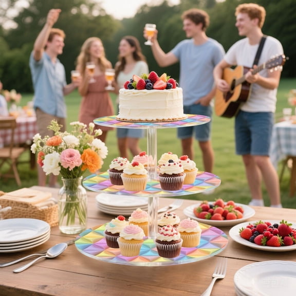 Iauyy 3 Tier Acrylic Cake Stand -DIY Design Wedding Dessert Display Tower for 34 Cupcakes for Birthday Party Gathering Festival, Soft Pastel Rainbow Color