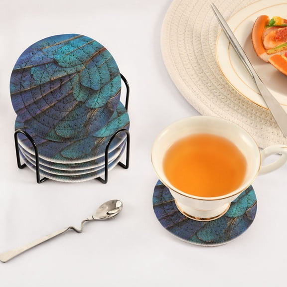 Iauyy 6 Piece Drink Coaster Set with Holder, 3.94 inch Absorbent Polyester Rope Woven Coasters for Home Decor and Tabletop Protection,Blue Wing Patterns