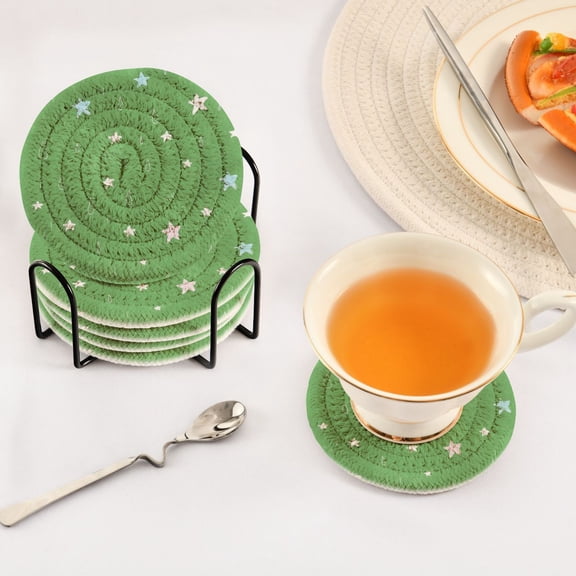 Iauyy 6 Piece Drink Coaster Set with Holder, 3.94 inch Absorbent Polyester Rope Woven Coasters for Home Decor and Tabletop Protection,Drawing Raindrops with Crayons