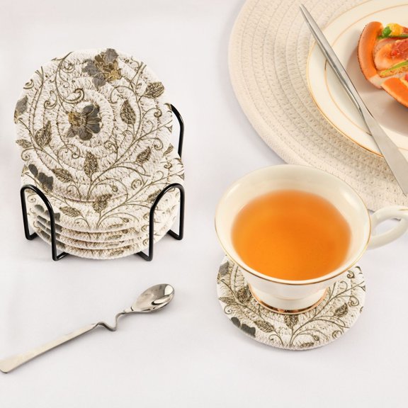 Iauyy 6 Piece Drink Coaster Set with Holder, 3.94 inch Absorbent Polyester Rope Woven Coasters for Home Decor and Tabletop Protection,Exquisite and Complex Flowers