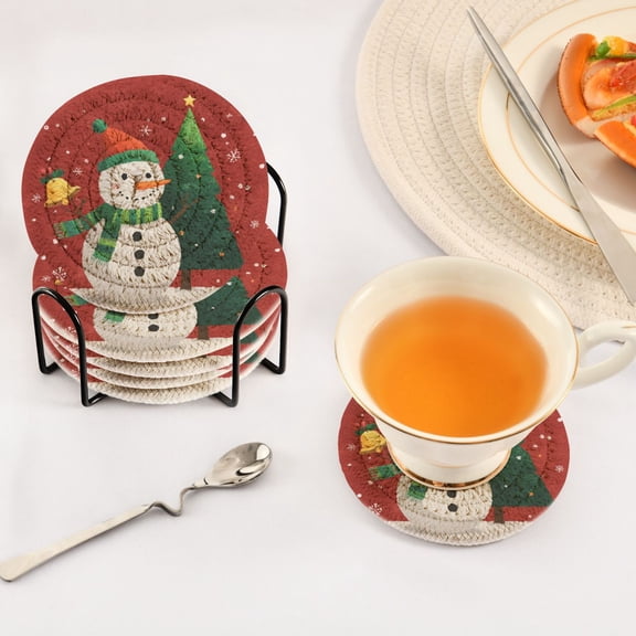 Iauyy 6 Piece Drink Coaster Set with Holder, 3.94 inch Absorbent Polyester Rope Woven Coasters for Home Decor and Tabletop Protection,Overflowing with Joy