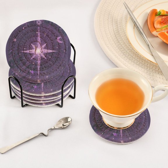 Iauyy 6 Piece Drink Coaster Set with Holder, 3.94 inch Absorbent Polyester Rope Woven Coasters for Home Decor and Tabletop Protection,Shimmering and Glowing Lines
