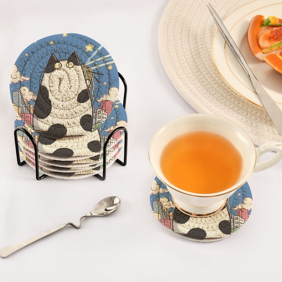 Iauyy 6 Piece Drink Coaster Set with Holder, 3.94 inch Absorbent Polyester Rope Woven Coasters for Home Decor and Tabletop Protection,The Body Of A Cat