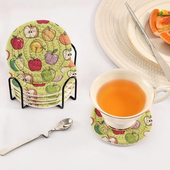 Iauyy 6 Piece Drink Coaster Set with Holder, 3.94 inch Absorbent Polyester Rope Woven Coasters for Home Decor and Tabletop Protection,The Colorful Apples