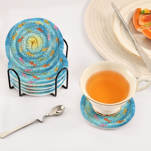 Iauyy 6 Piece Drink Coaster Set with Holder, 3.94 inch Absorbent Polyester Rope Woven Coasters for Home Decor and Tabletop Protection,The Turbulent Blue Waves
