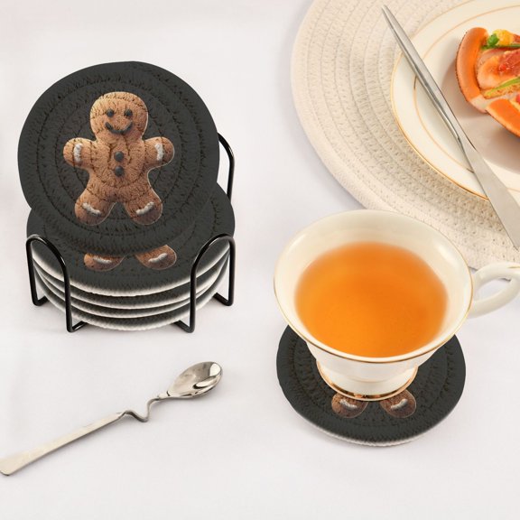 Iauyy 6 Piece Drink Coaster Set with Holder, 3.94 inch Absorbent Polyester Rope Woven Coasters for Home Decor and Tabletop Protection,3d Rendering