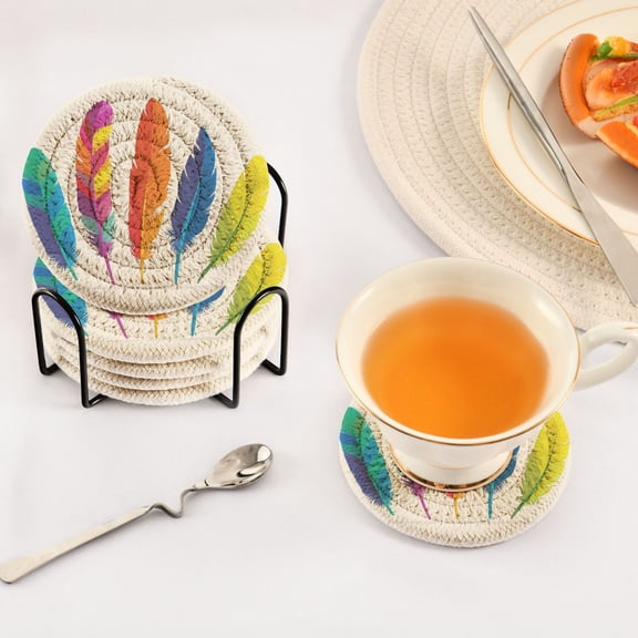 Iauyy 6 Piece Drink Coaster Set with Holder, 3.94 inch Absorbent Polyester Rope Woven Coasters for Home Decor and Tabletop Protection,Clip Art