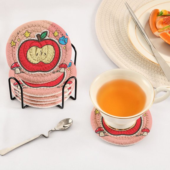 Iauyy 6 Piece Drink Coaster Set with Holder, 3.94 inch Absorbent Polyester Rope Woven Coasters for Home Decor and Tabletop Protection,Cute Red Apples