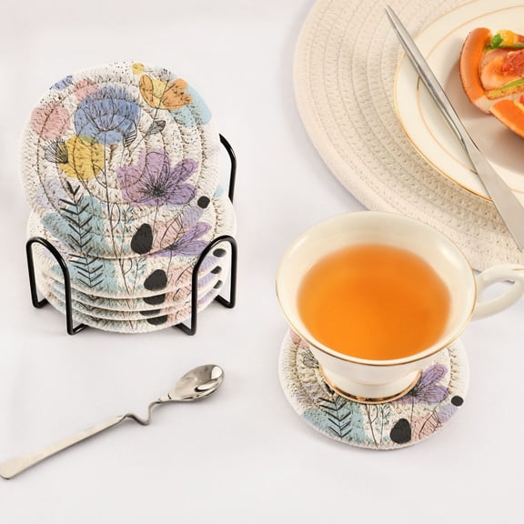 Iauyy 6 Piece Drink Coaster Set with Holder, 3.94 inch Absorbent Polyester Rope Woven Coasters for Home Decor and Tabletop Protection,Doodle Collage