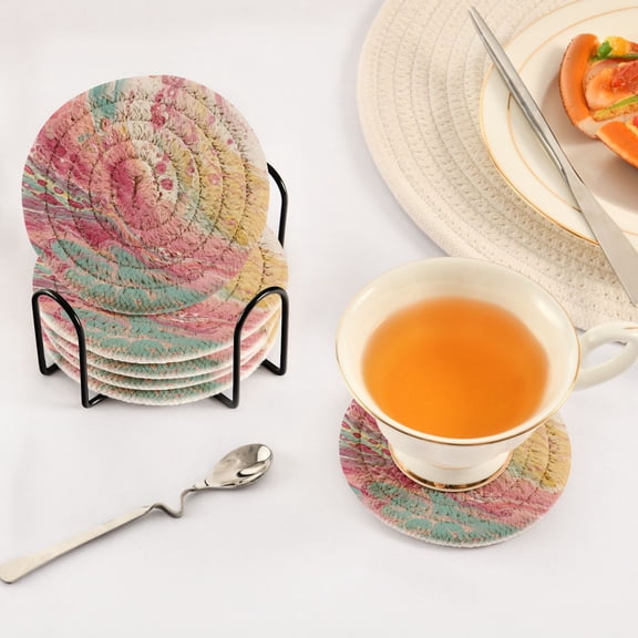 Iauyy 6 Piece Drink Coaster Set with Holder, 3.94 inch Absorbent Polyester Rope Woven Coasters for Home Decor and Tabletop Protection,Liquid Marble