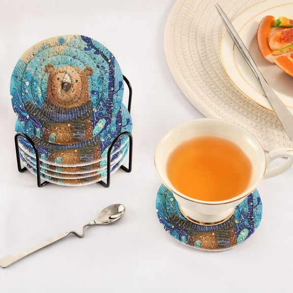 Iauyy 6 Piece Drink Coaster Set with Holder, 3.94 inch Absorbent Polyester Rope Woven Coasters for Home Decor and Tabletop Protection,Midnight Forest