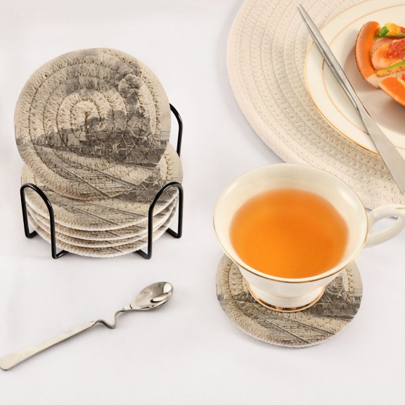 Iauyy 6 Piece Drink Coaster Set with Holder, 3.94 inch Absorbent Polyester Rope Woven Coasters for Home Decor and Tabletop Protection,Railway Track
