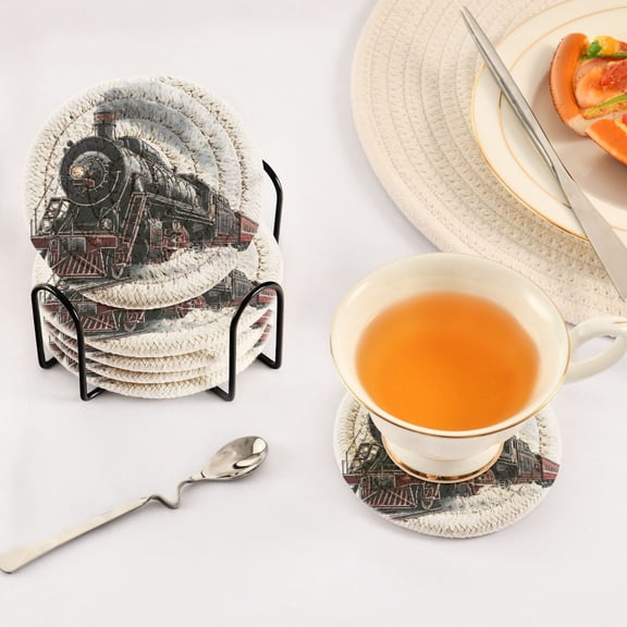 Iauyy 6 Piece Drink Coaster Set with Holder, 3.94 inch Absorbent Polyester Rope Woven Coasters for Home Decor and Tabletop Protection,Steam Train