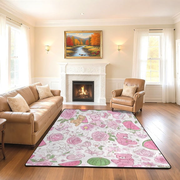 Iauyy 63x48in Washable Large Non-Slip Area Rugs,Modern Minimalist Patterns Ultra Soft Washable for Floor Mats for House Living Room Dining Room Office，Roses and Teddy Bears