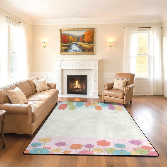 Iauyy 80x58in Washable Large Non-Slip Area Rugs,Modern Minimalist Patterns Ultra Soft Washable for Floor Mats for House Living Room Dining Room Office，Floral Border