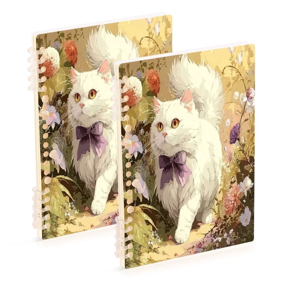 Iauyy A5 Journey Note Diary- Spiral Fastener Notebooks- Office/College Ruled 1 Pack(60 Sheets), White Cat with Long Fur