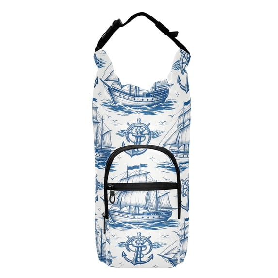 Iauyy Adjustable Strap Water Bottle Carrier Holder Pouch Bag for Outdoor Hiking Sports, Blue Nautical Seamless, 20-40oz
