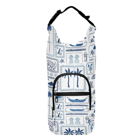 Iauyy Adjustable Strap Water Bottle Carrier Holder Pouch Bag for Outdoor Hiking Sports, Blue & White Beach Vacation, 20-40oz