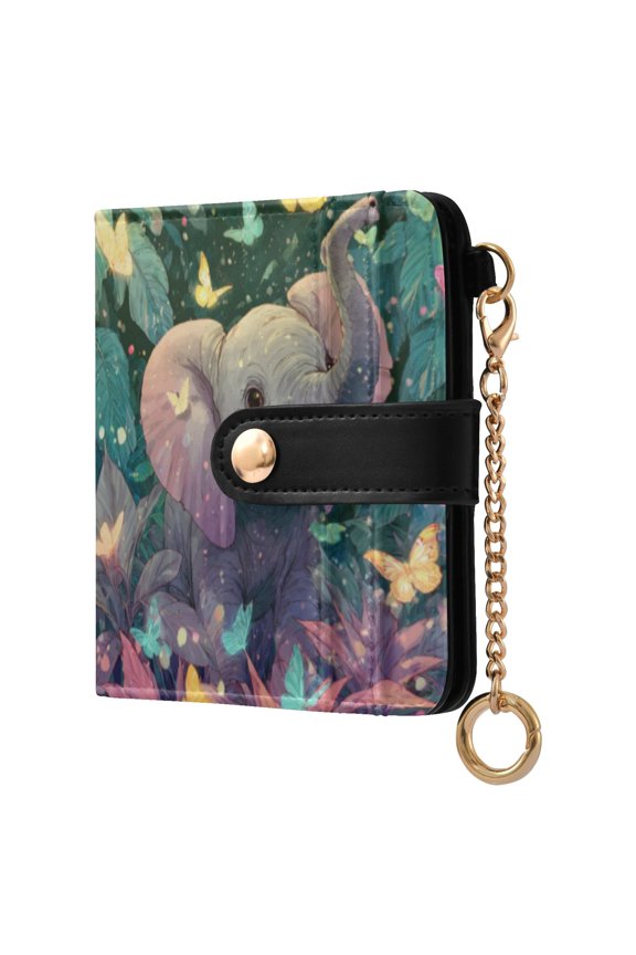 Bifold Wallet PU Leather RFID Blocking, Women's Card Cases with 7 Card Slots, Jungle Elephant